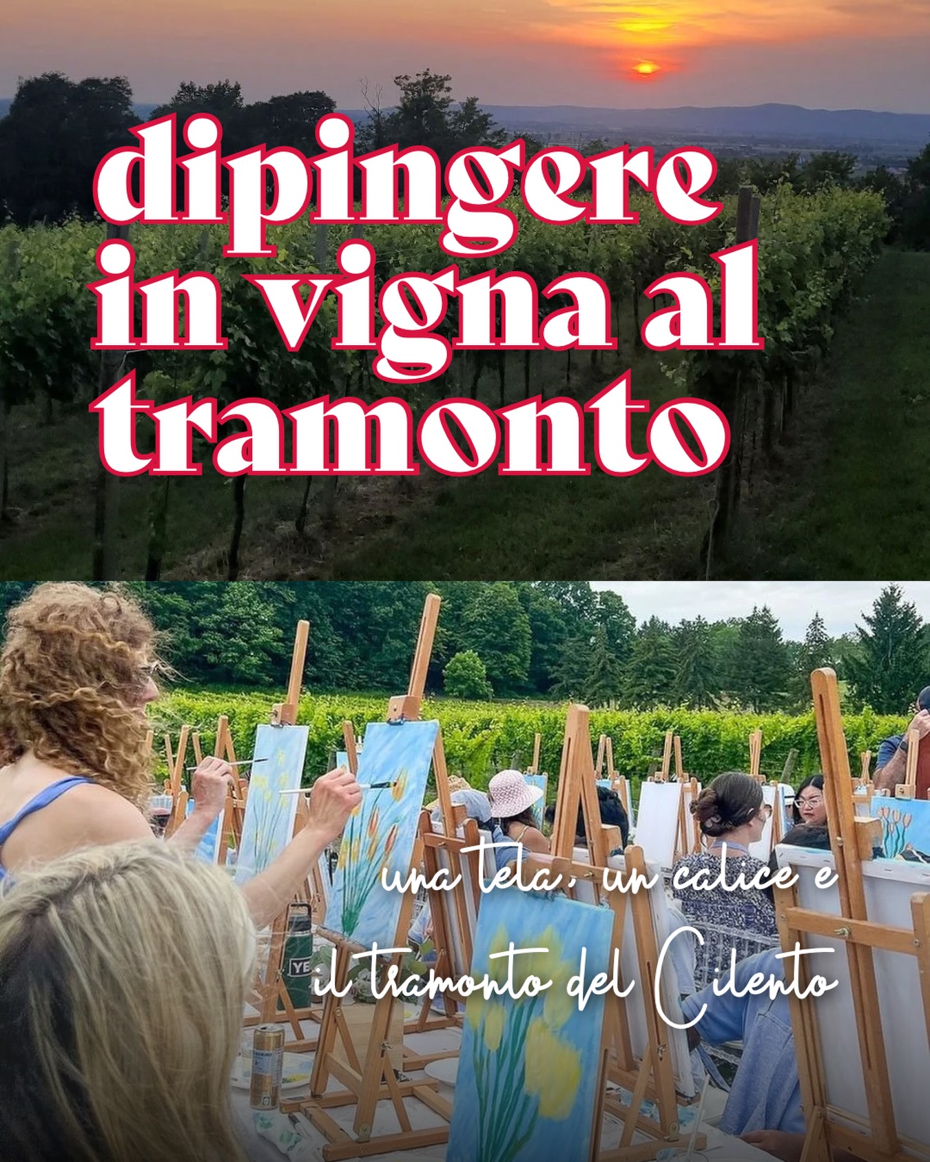 Immagina un tramonto tra i filari, un calice di vino tra le mani e una tela bianca… lasciati ispirare e goditi il momento 🎨🍷🌅👉🏼 Scopri l’esperienza al link in bio!#ohmybob #cosedafare #vigna #dipingere #napoli