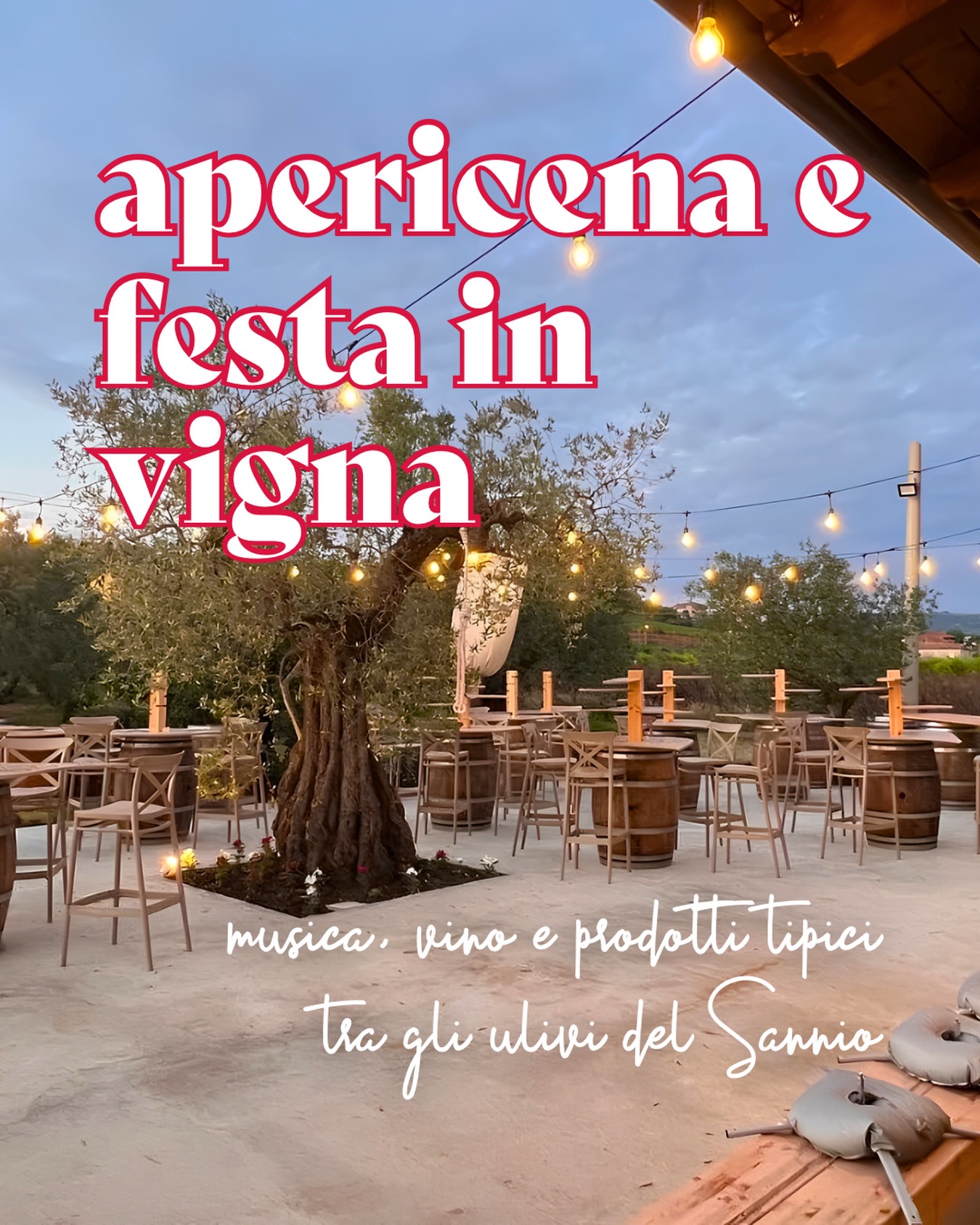 A Tenuta Jumara, tra le colline del Sannio, ti aspetta una serata fatta di sapori autentici, natura e un’atmosfera speciale 🍷🌿✨Brinda tra vigne e ulivi, assaggia i prodotti tipici del territorio e lasciati accompagnare dalla musica live per tutta la sera 🎶Insomma… un’esperienza unica, dal primo calice al tramonto fino all’ultima canzone sotto le stelle 🌙🗓️ Ogni SABATO, dal 27 GIUGNO al 1 AGOSTO👉🏼 Prenota ora al link in bio!#ohmybob #cosedafare #vigna #aperitivo #napoli